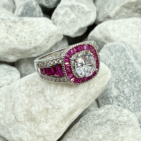 Lab Created Ruby Halo Ring 2.6 CT CZ Silver Tone Over Copper Sz 7.25 - Picture 3 of 17